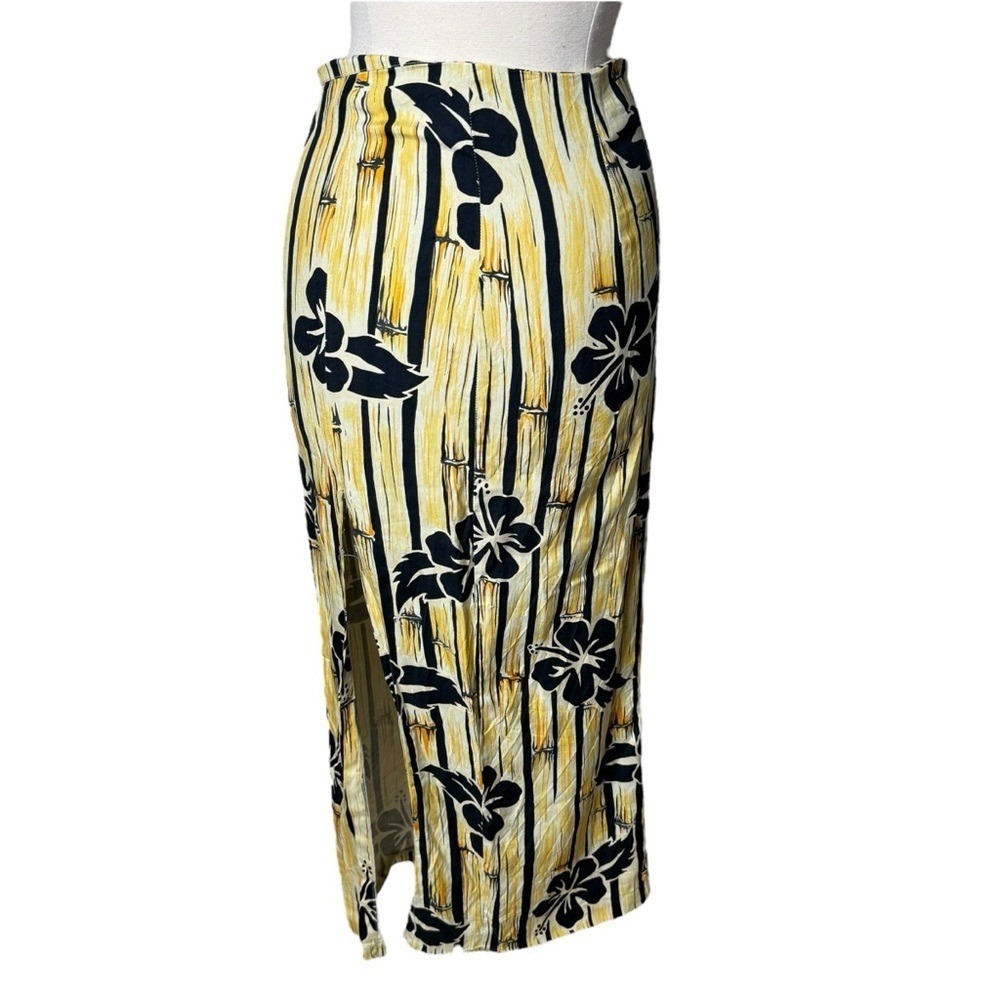 Vintage Gary's Island Hawaiian Midi Skirt With Front Slit Yellow Womens Large